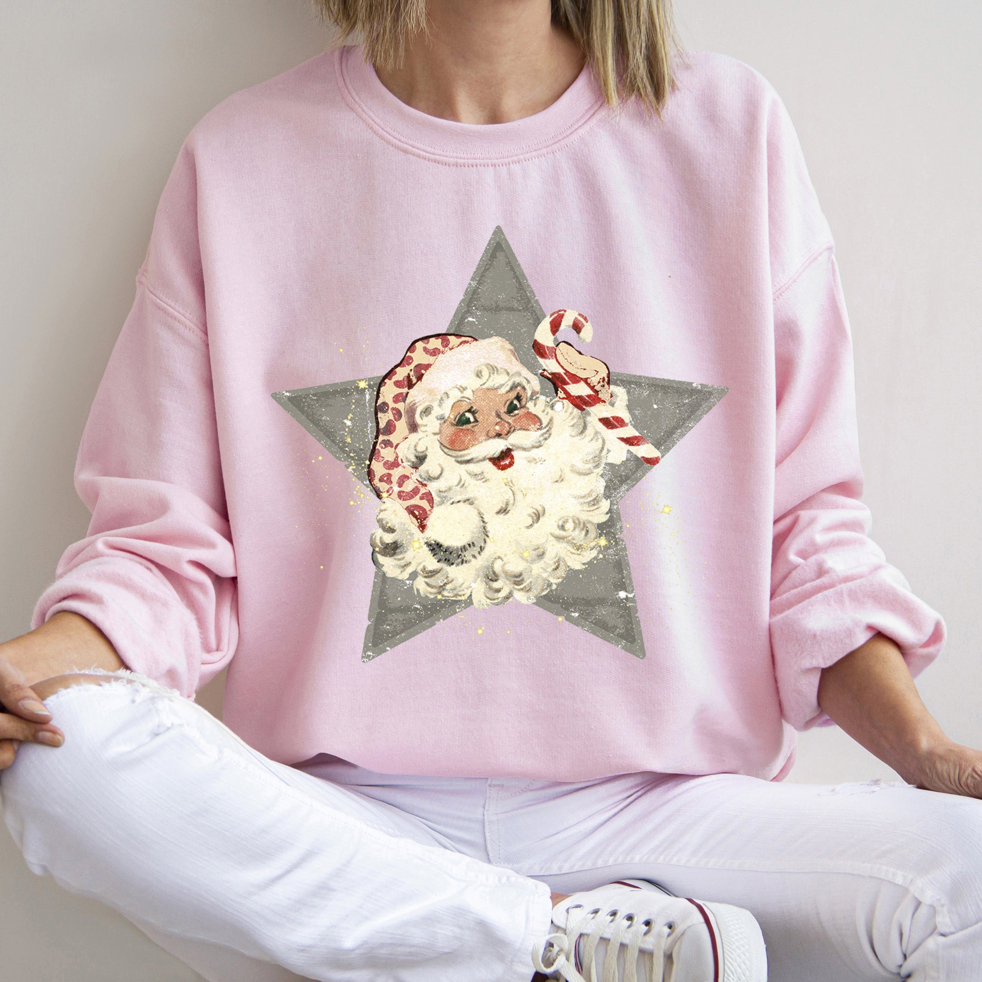 Santa Retro Grey Star Cozy Holiday Festive Scene Vintage Christmas Theme Sweatshirt