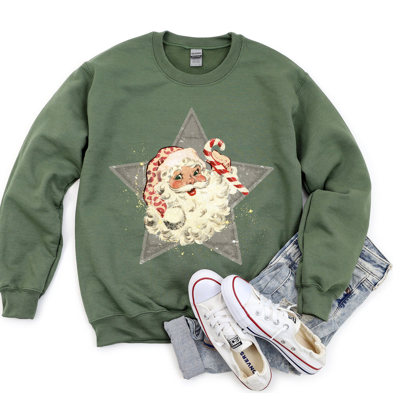 Santa Retro Grey Star Cozy Holiday Festive Scene Vintage Christmas Theme Sweatshirt