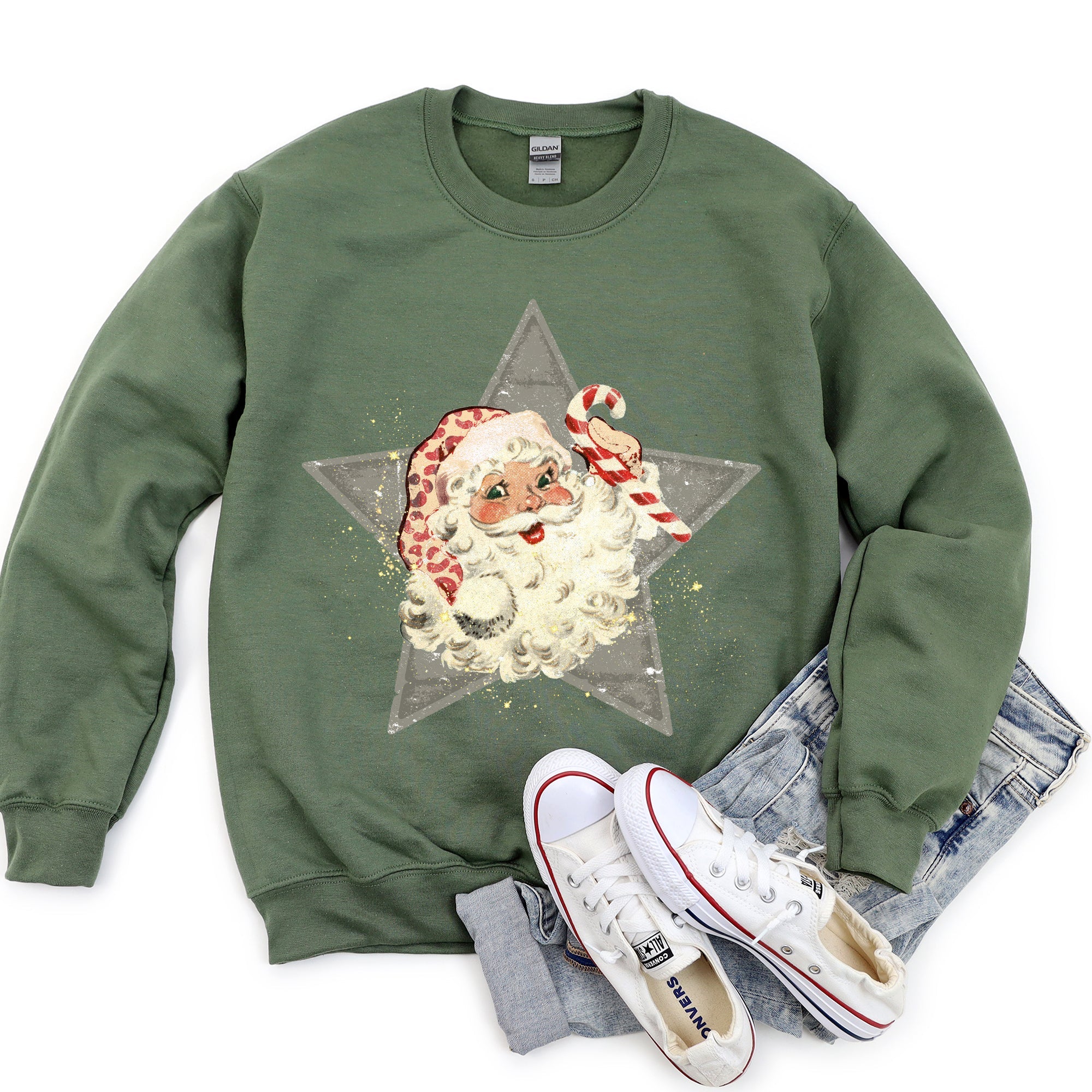 Santa Retro Grey Star Cozy Holiday Festive Scene Vintage Christmas Theme Sweatshirt