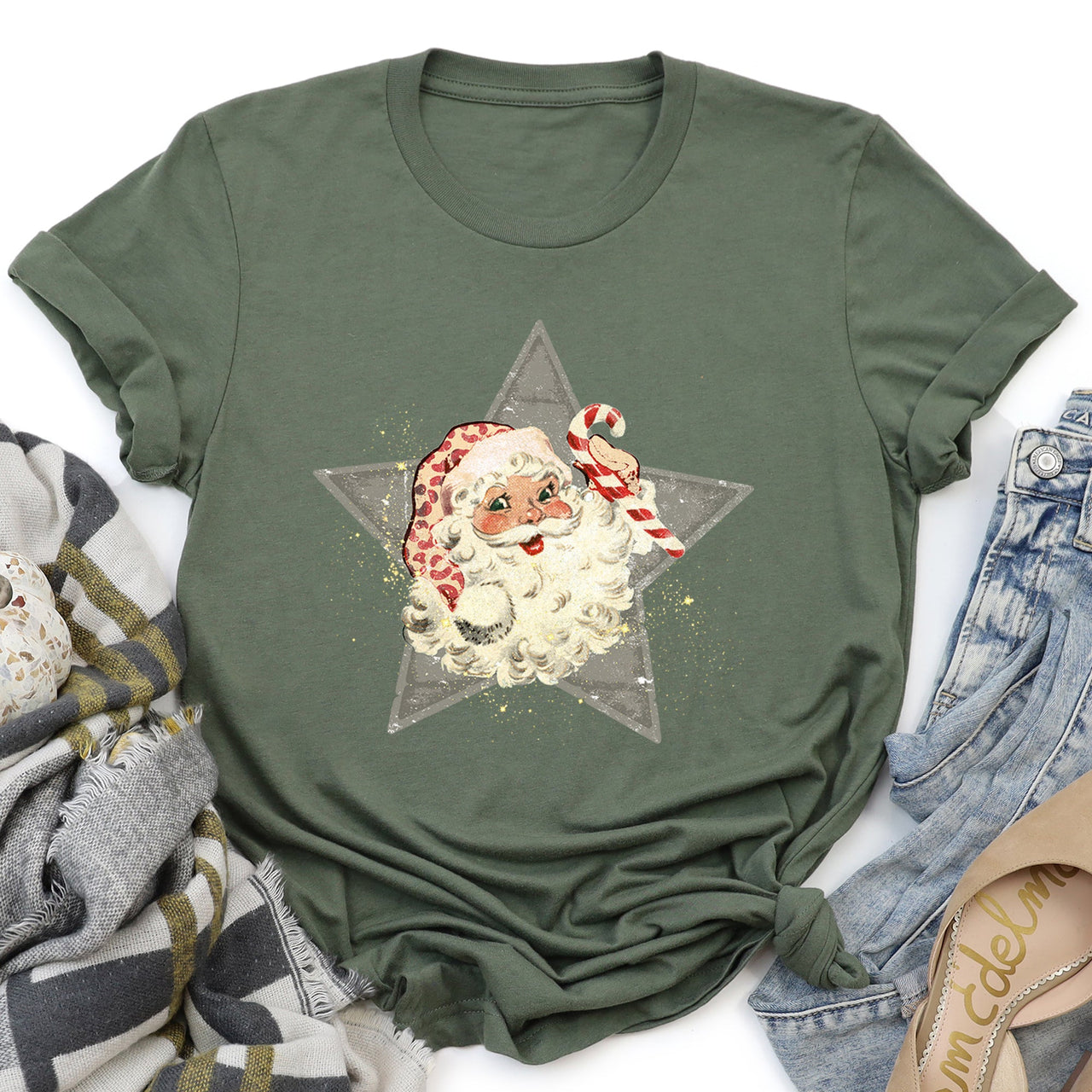 Santa Retro Green Star Candy Cane Christmas Festive Vintage Holiday Limited Edition Graphic Tee