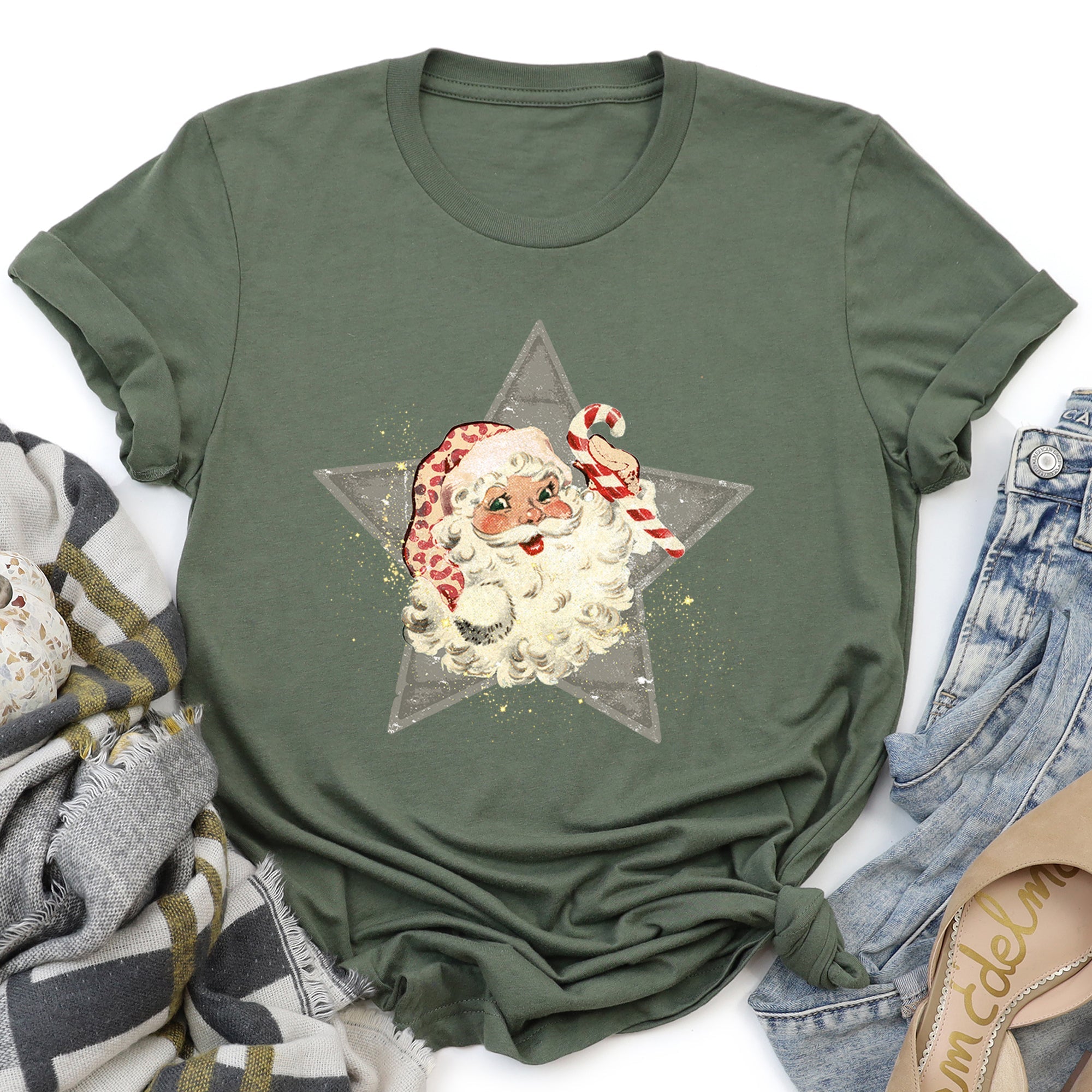 Santa Retro Green Star Candy Cane Christmas Festive Vintage Holiday Limited Edition Graphic Tee