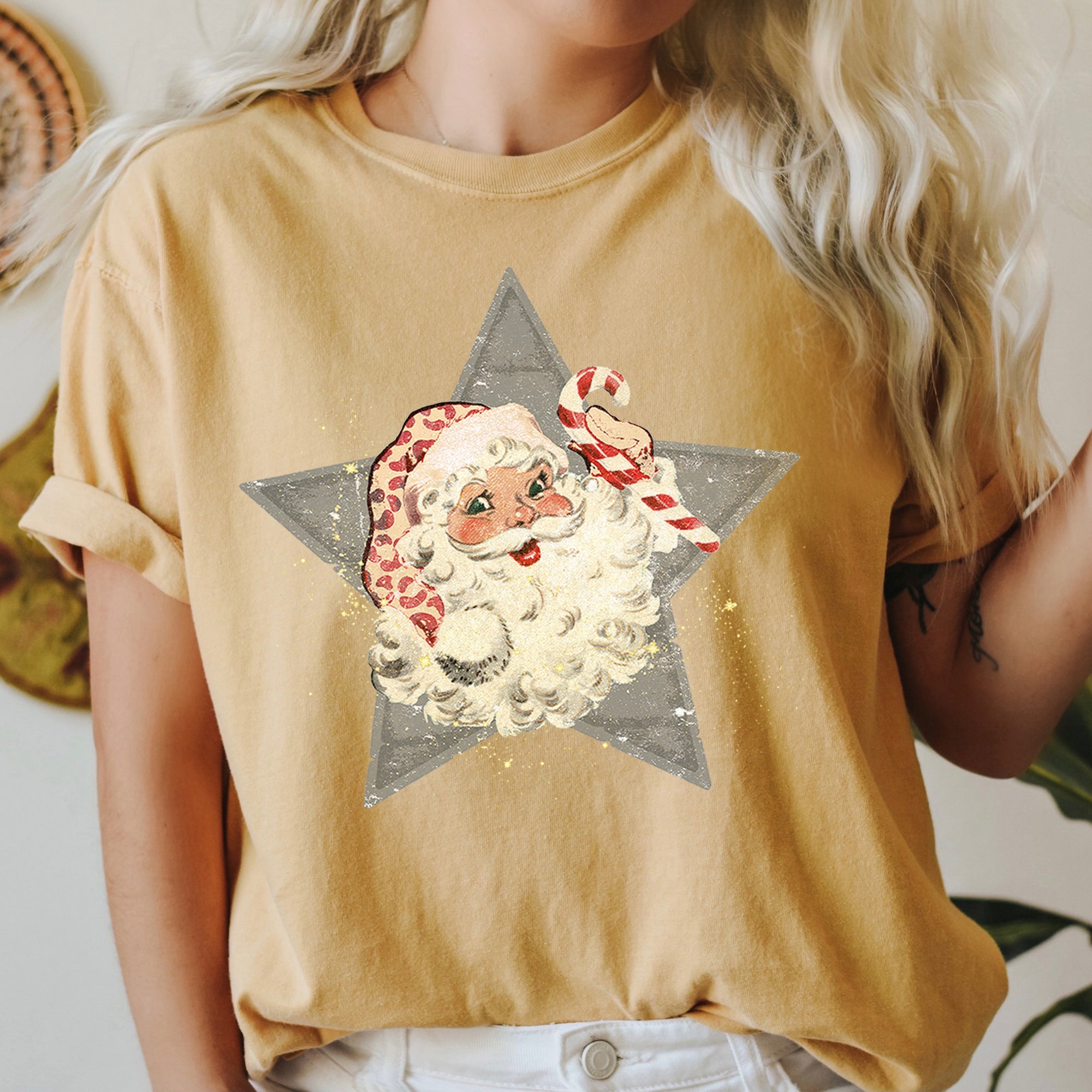 Santa Retro Green Star Candy Cane Christmas Holiday Classic Edition Comfort Colors Tee