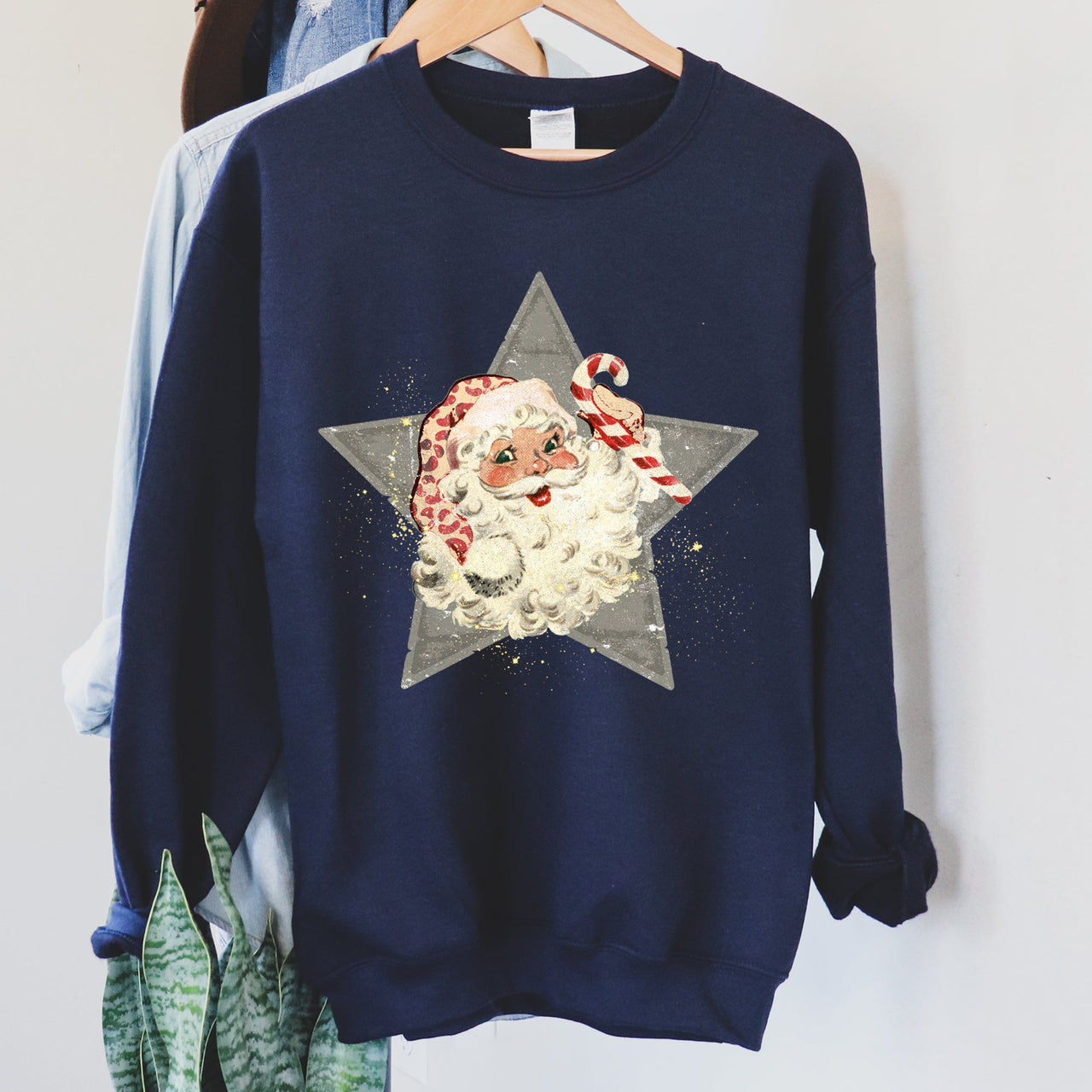 Santa Retro Grey Star Cozy Holiday Festive Scene Vintage Christmas Theme Sweatshirt