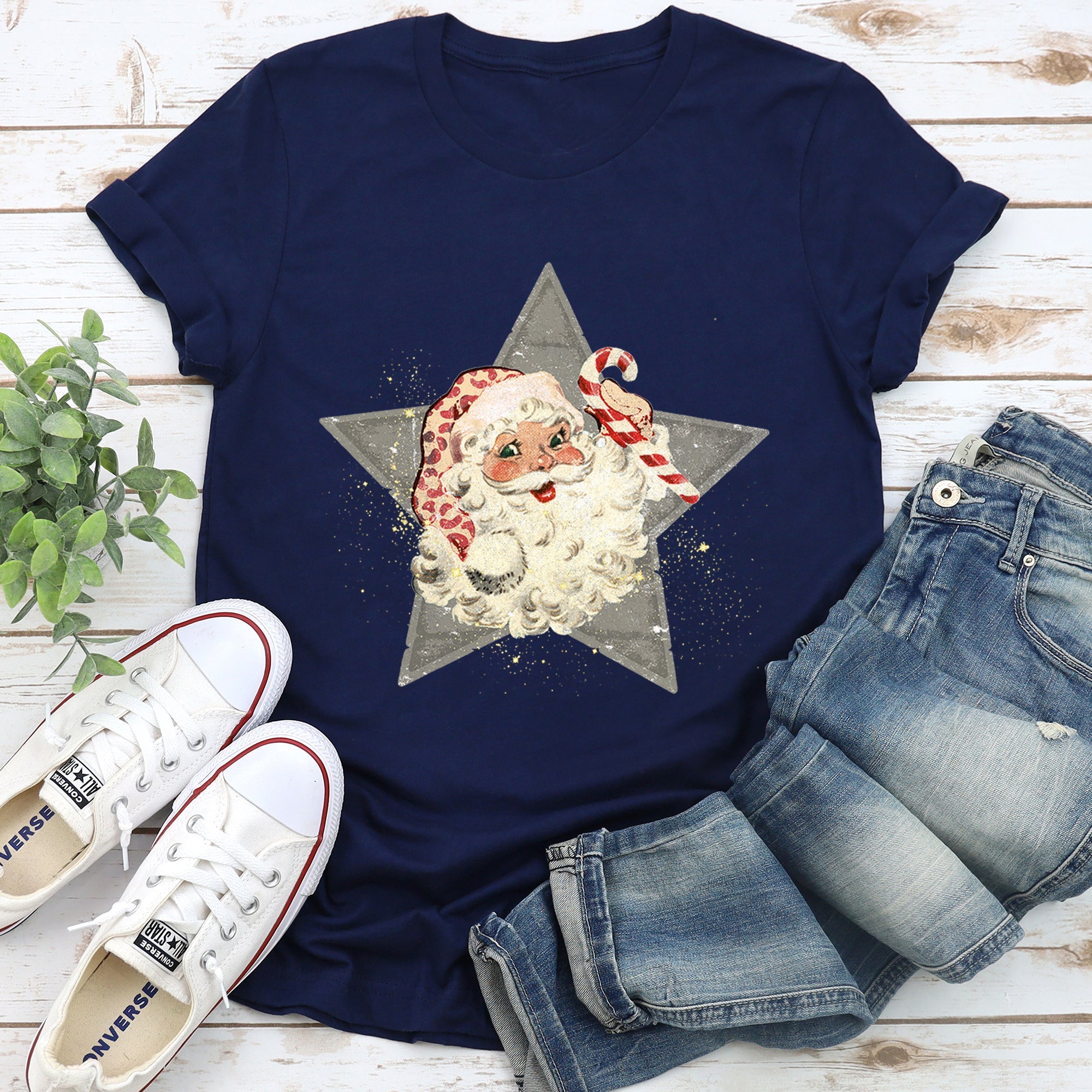 Santa Retro Green Star Candy Cane Christmas Festive Vintage Holiday Limited Edition Graphic Tee