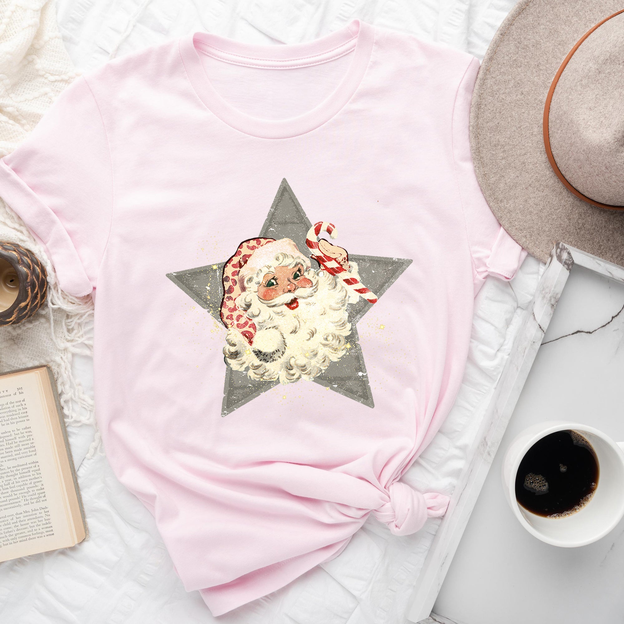 Santa Retro Green Star Candy Cane Christmas Festive Vintage Holiday Limited Edition Graphic Tee