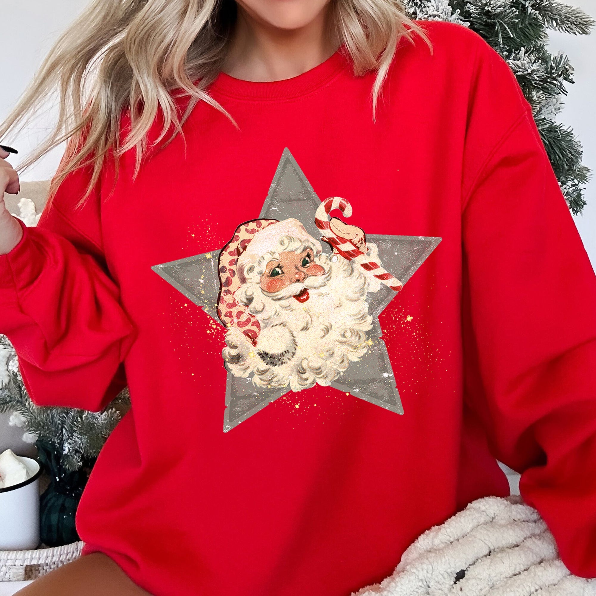 Santa Retro Grey Star Cozy Holiday Festive Scene Vintage Christmas Theme Sweatshirt