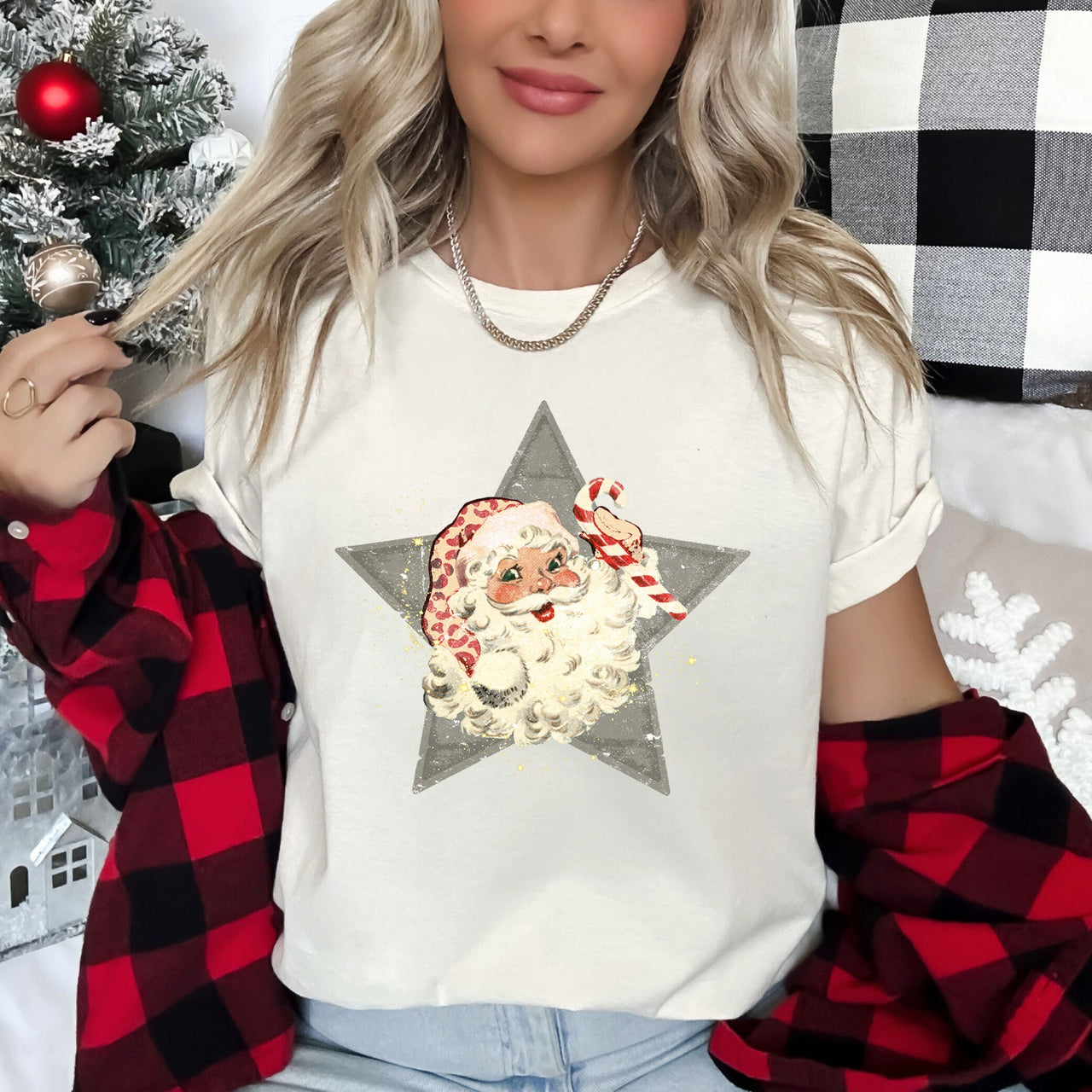 Santa Retro Green Star Candy Cane Christmas Festive Vintage Holiday Limited Edition Graphic Tee