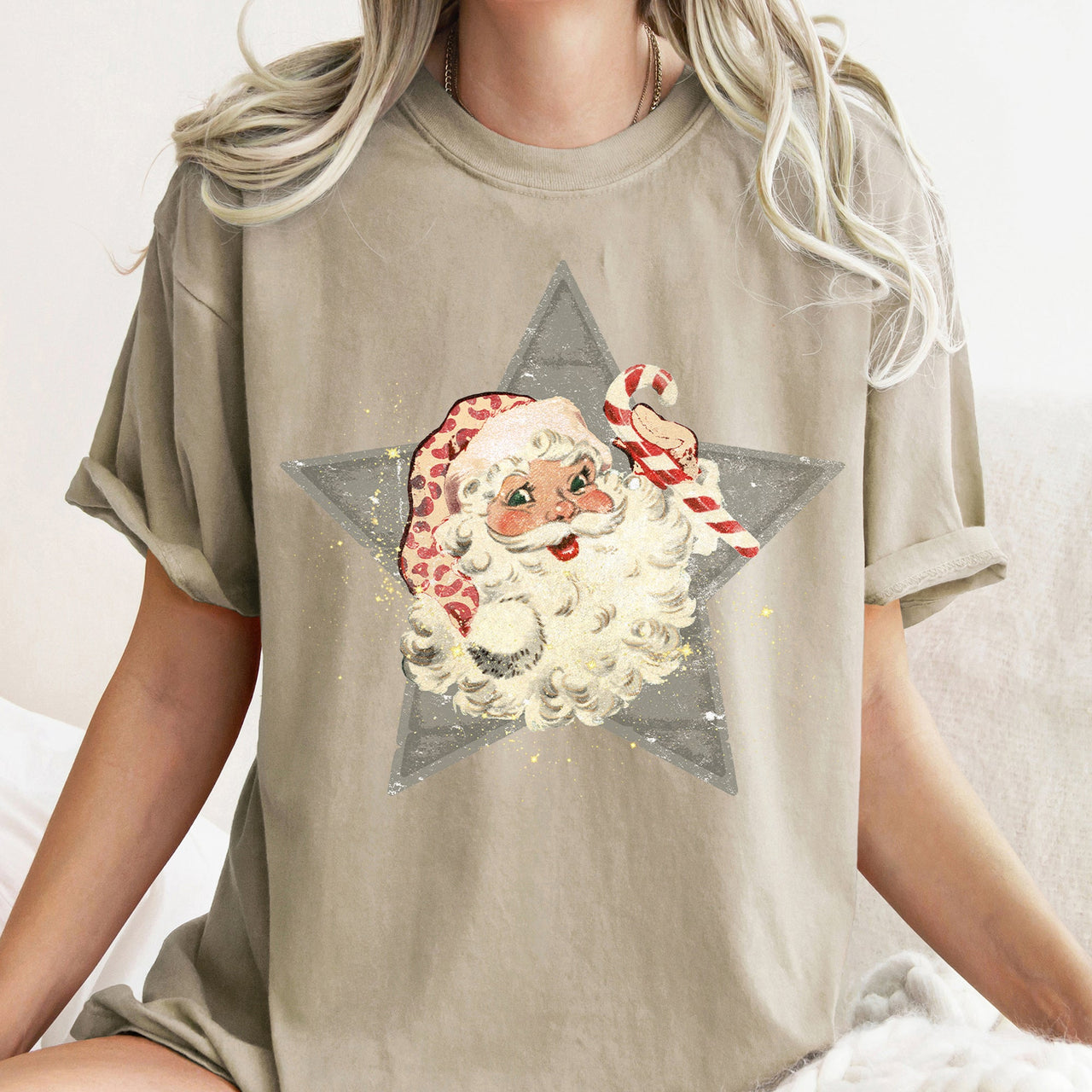 Santa Retro Green Star Candy Cane Christmas Holiday Classic Edition Comfort Colors Tee