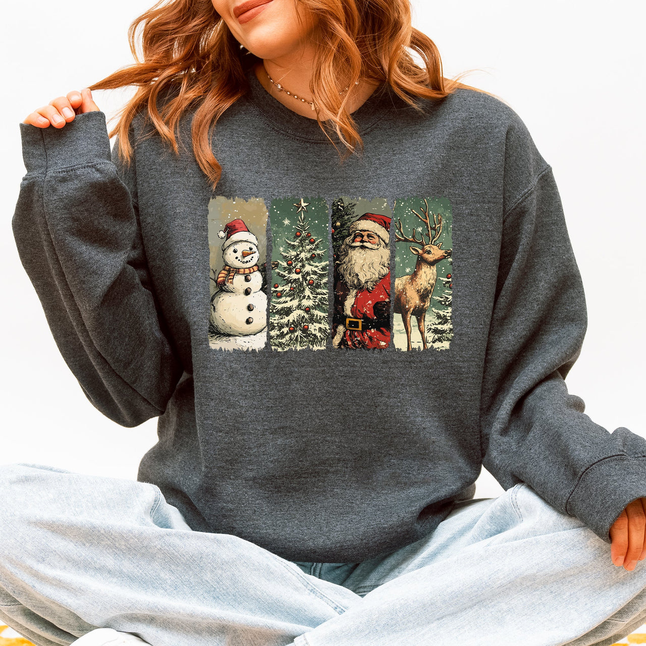 Santa Snowman Christmas Tree Reindeer Holiday Icons Cozy Festive Seasonal Sweatshirt