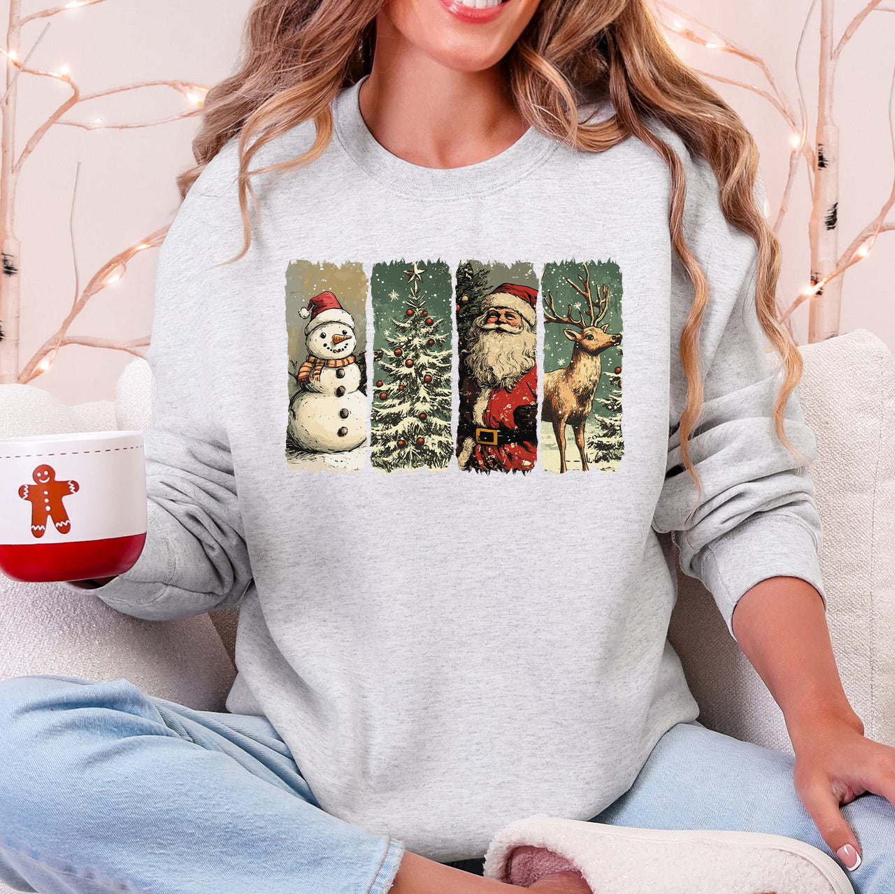 Santa Snowman Christmas Tree Reindeer Holiday Icons Cozy Festive Seasonal Sweatshirt