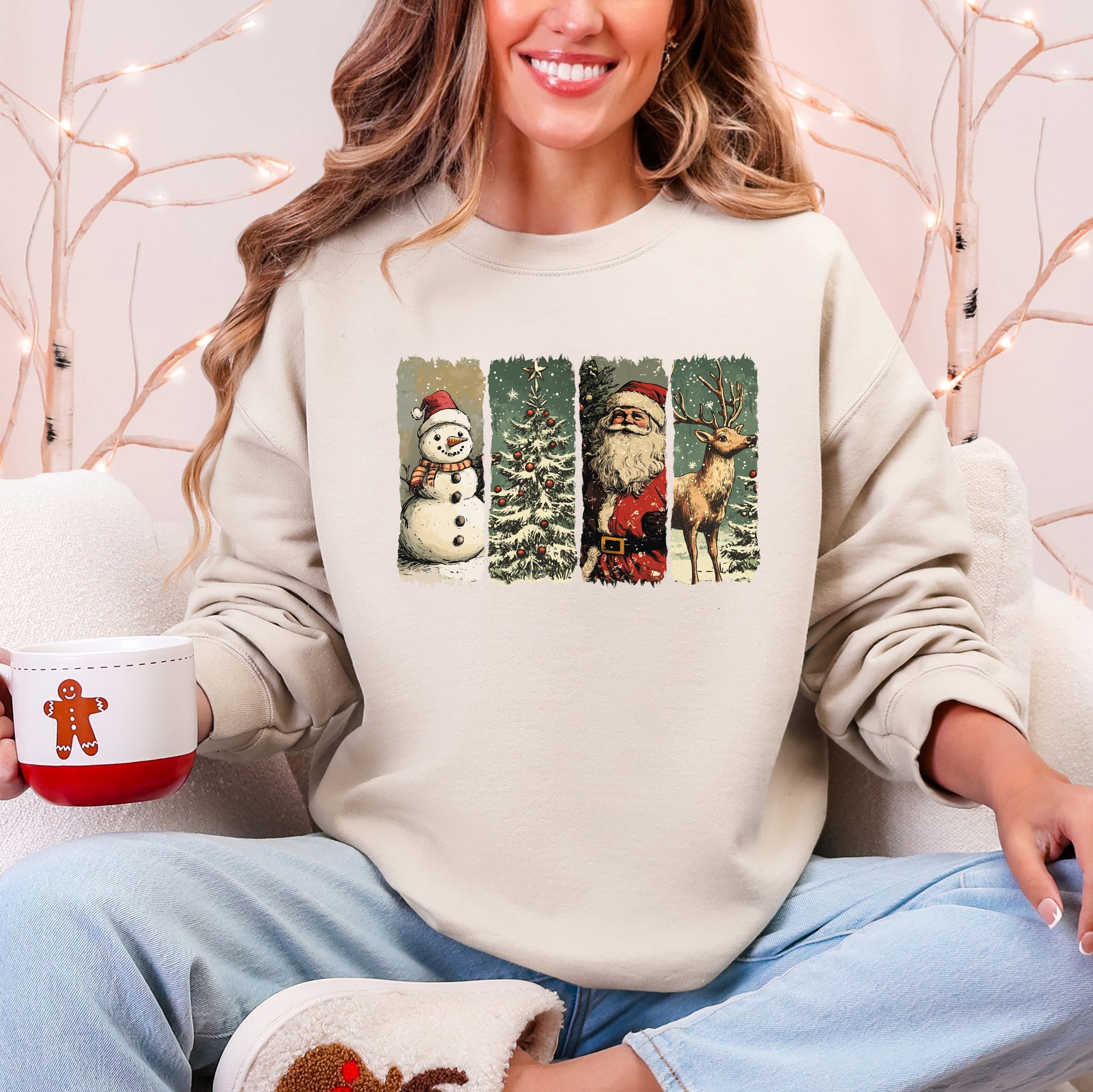 Santa Snowman Christmas Tree Reindeer Holiday Icons Cozy Festive Seasonal Sweatshirt