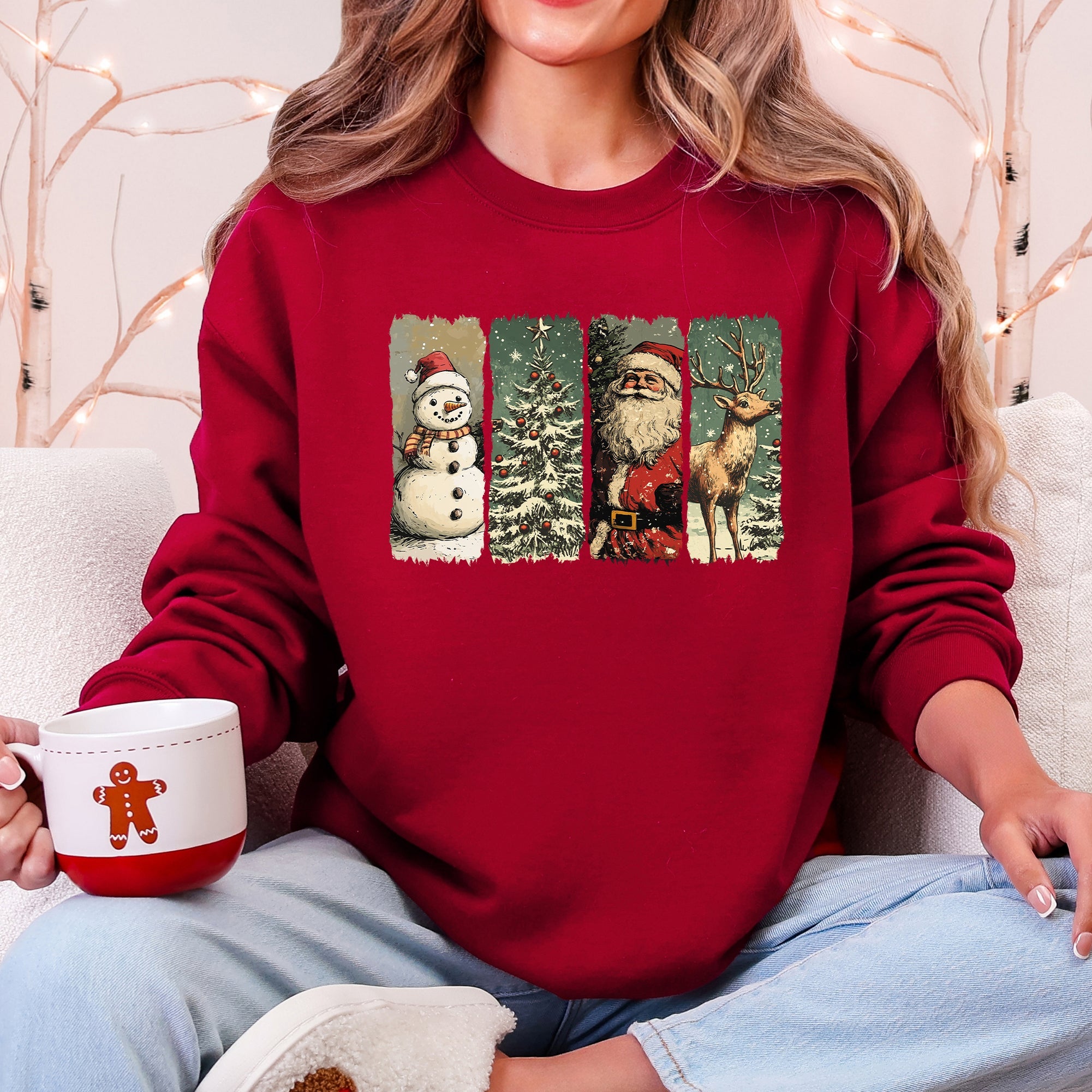 Santa Snowman Christmas Tree Reindeer Holiday Icons Cozy Festive Seasonal Sweatshirt