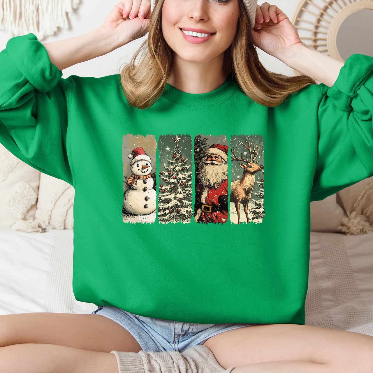 Santa Snowman Christmas Tree Reindeer Holiday Icons Cozy Festive Seasonal Sweatshirt