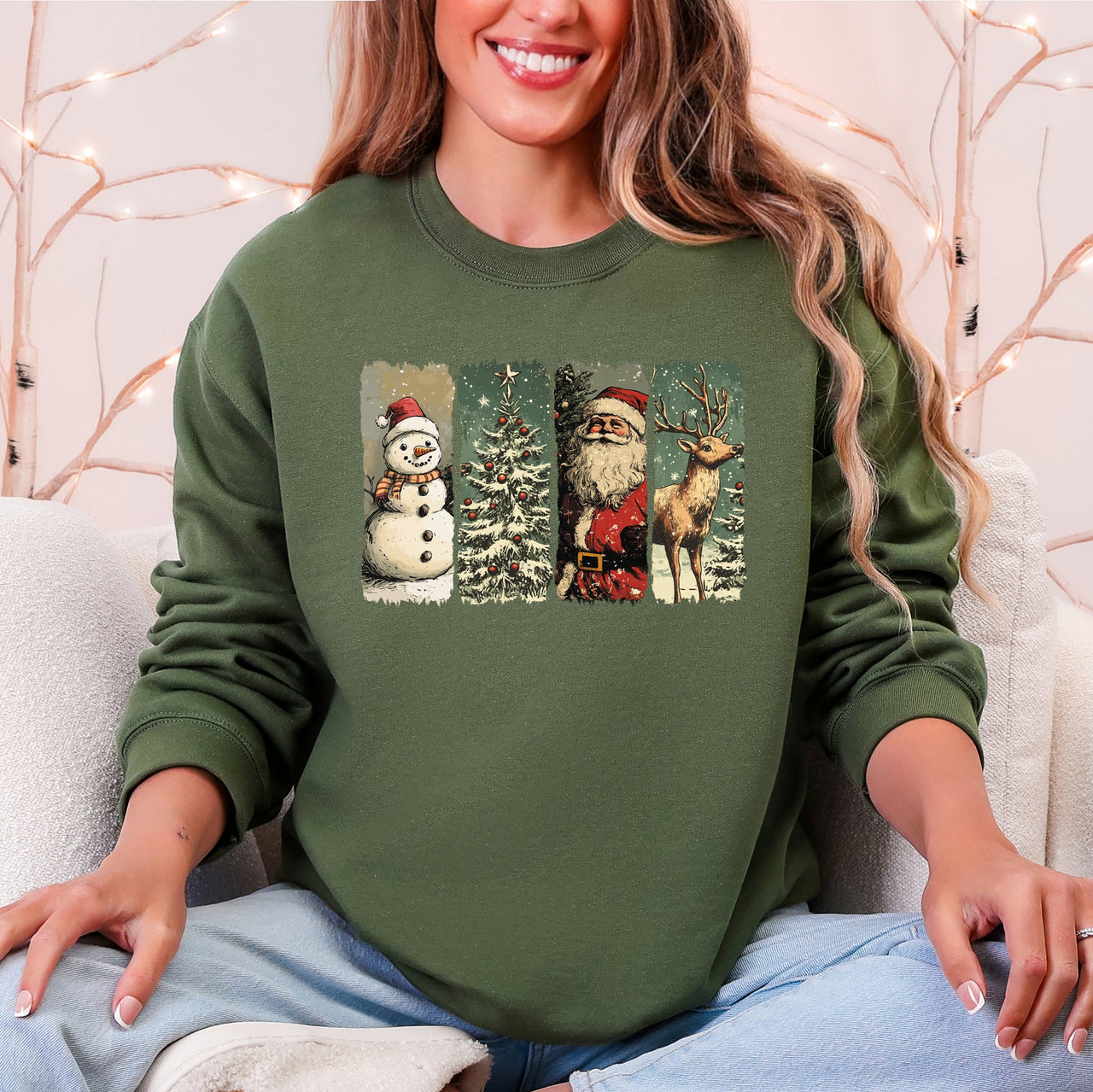 Santa Snowman Christmas Tree Reindeer Holiday Icons Cozy Festive Seasonal Sweatshirt