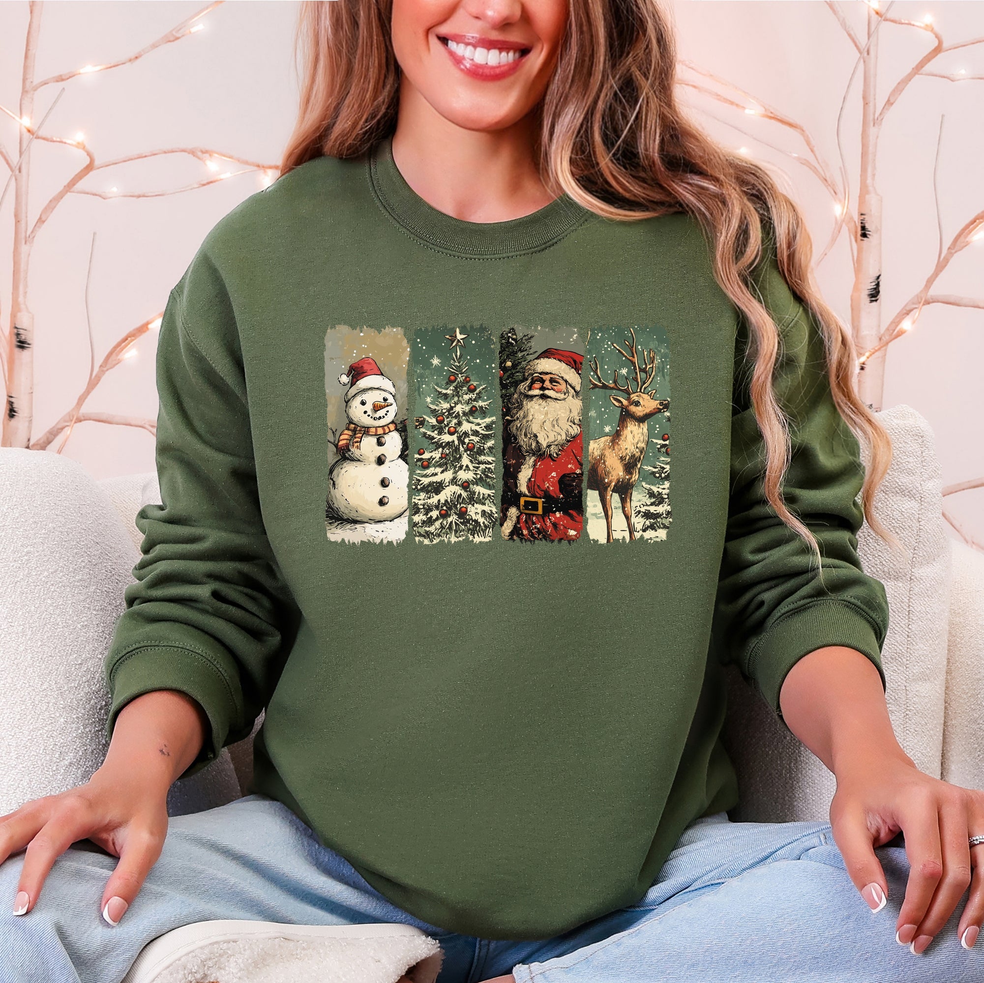Santa Snowman Christmas Tree Reindeer Holiday Icons Cozy Festive Seasonal Sweatshirt