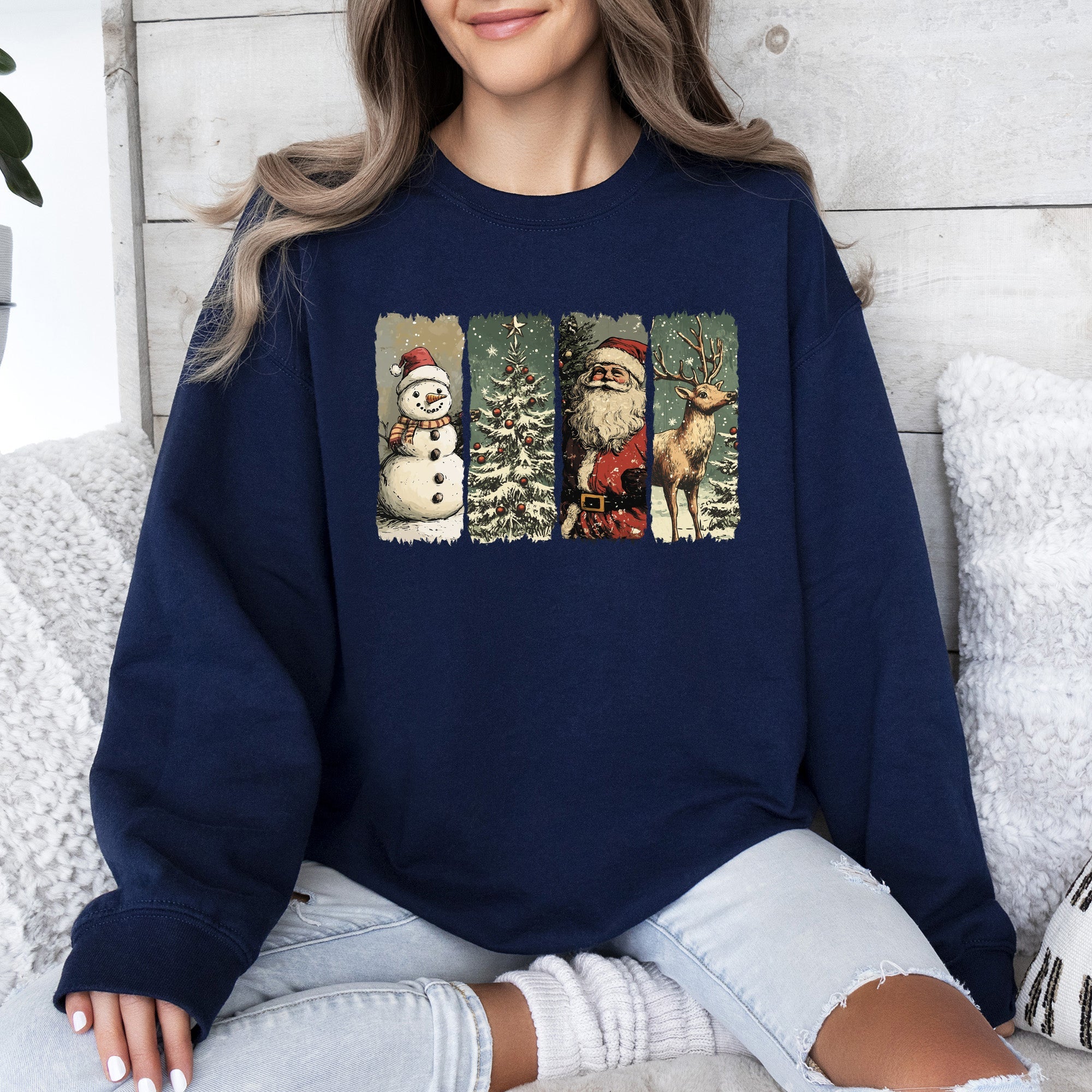 Santa Snowman Christmas Tree Reindeer Holiday Icons Cozy Festive Seasonal Sweatshirt