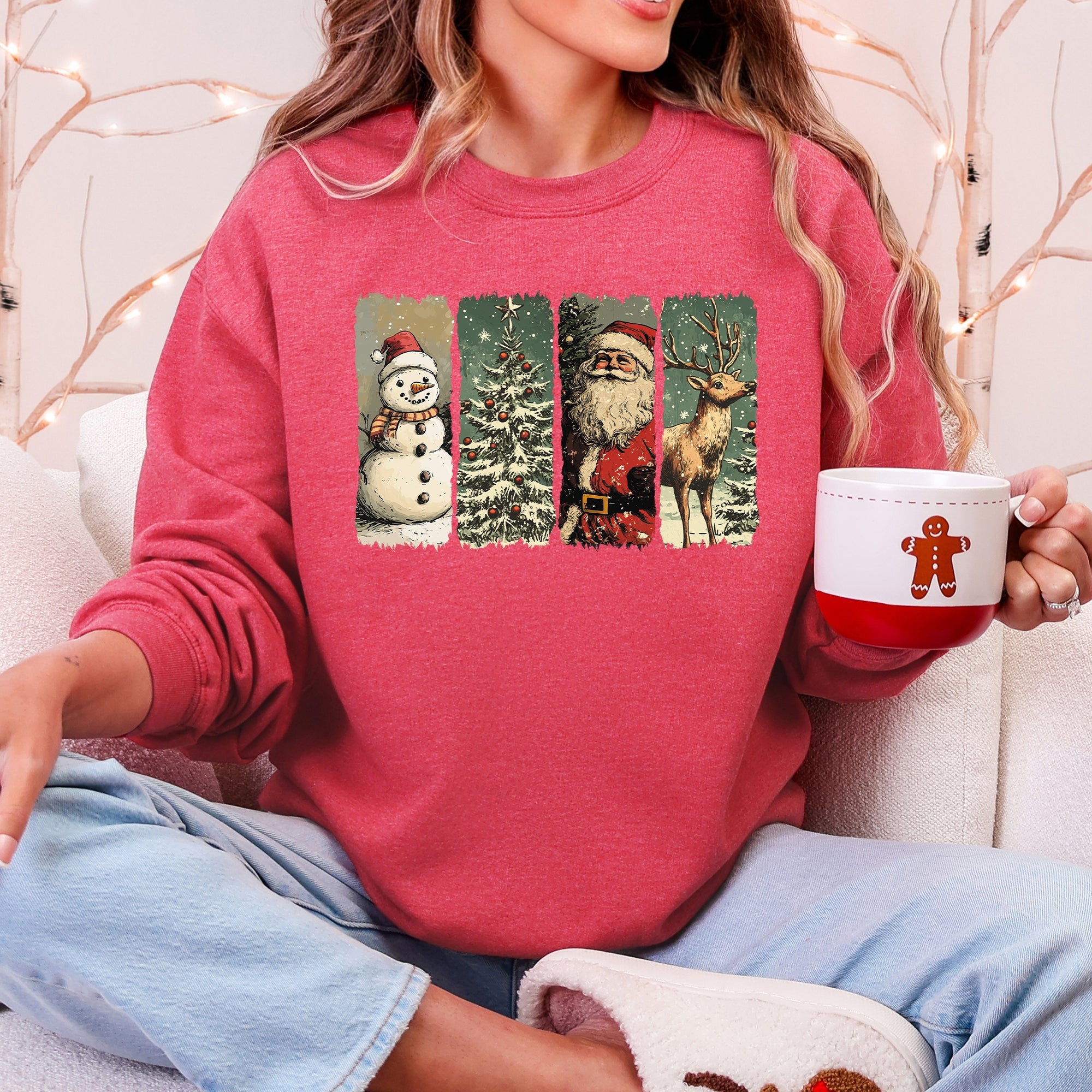 Santa Snowman Christmas Tree Reindeer Holiday Icons Cozy Festive Seasonal Sweatshirt