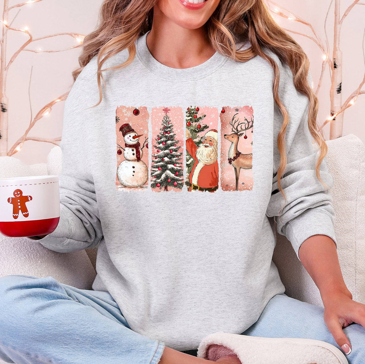 Santa Snowman Reindeer Christmas Tree Retro Vintage Inspired Festive Design Graphic Sweatshirt
