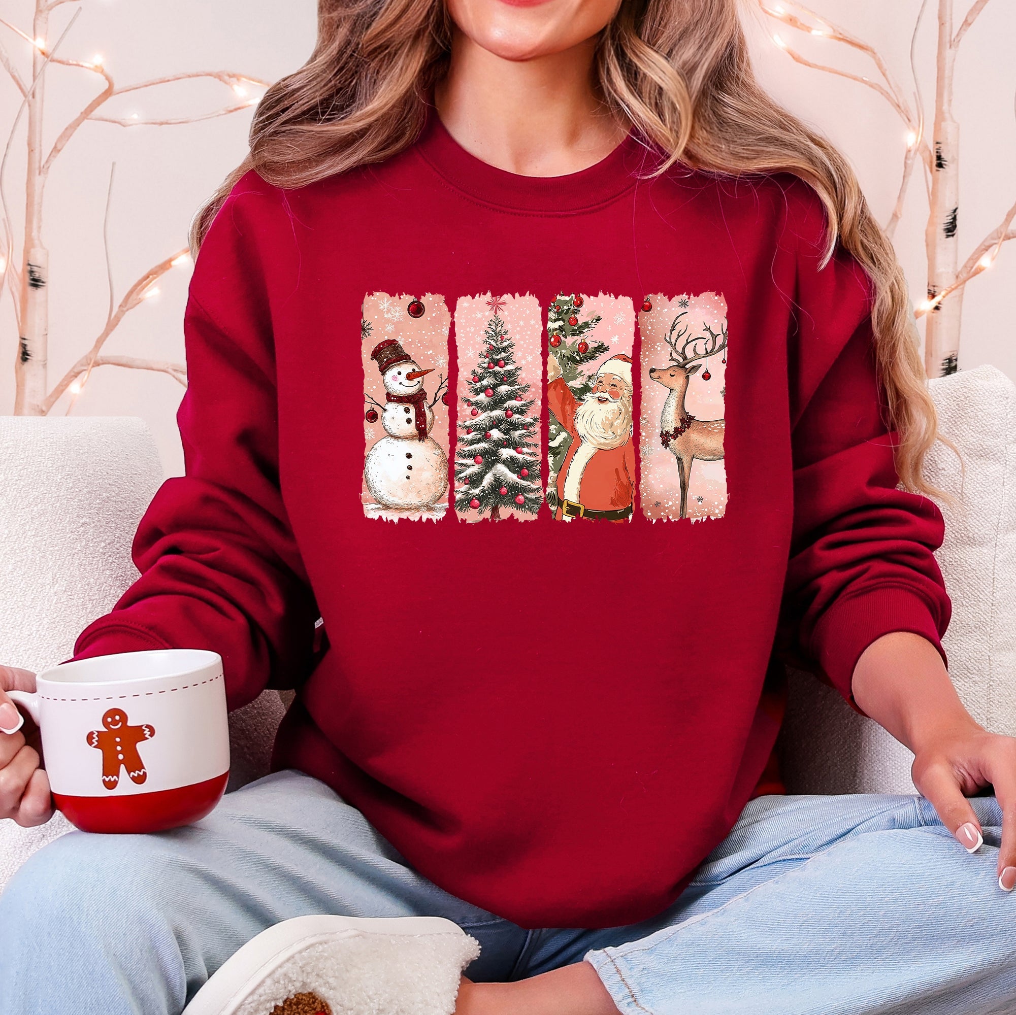 Santa Snowman Reindeer Christmas Tree Retro Vintage Inspired Festive Design Graphic Sweatshirt