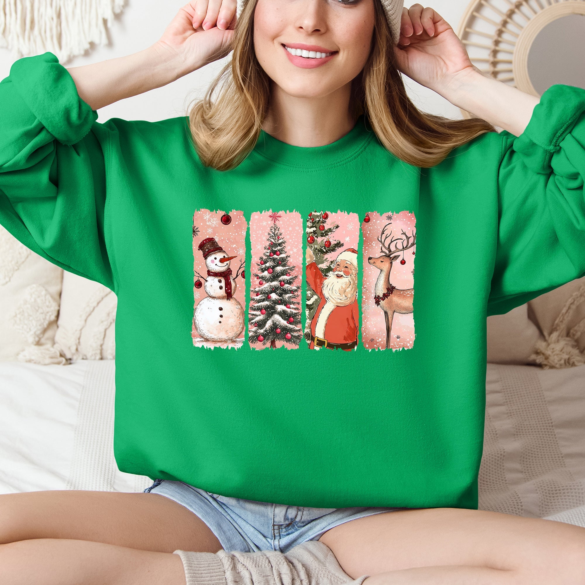 Santa Snowman Reindeer Christmas Tree Retro Vintage Inspired Festive Design Graphic Sweatshirt