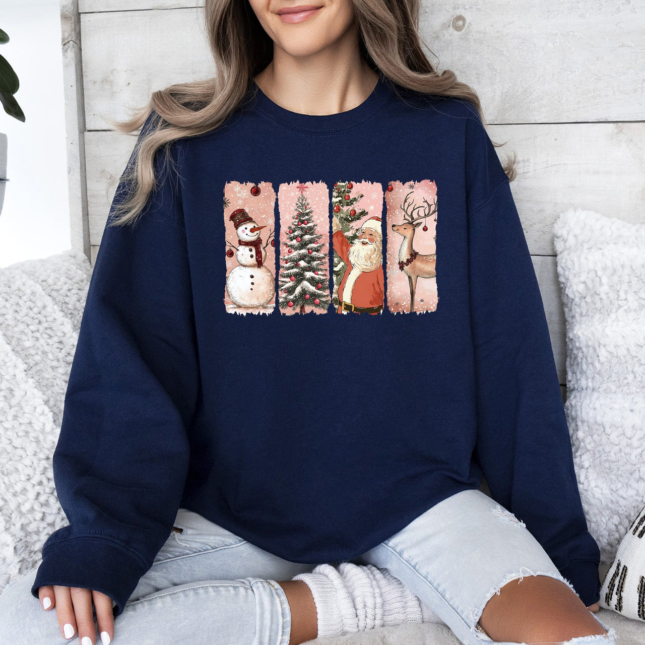 Santa Snowman Reindeer Christmas Tree Retro Vintage Inspired Festive Design Graphic Sweatshirt