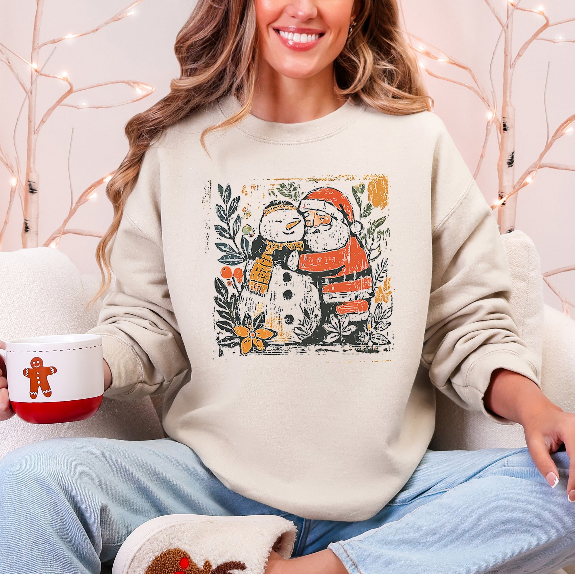 Santa And Snowman Christmas Sketch Vintage Retro Nostalgic Cozy Whimsical Sketchy Holiday Vibe Art Print Sweatshirt