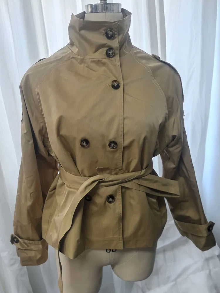 Belted Waist Cropped Trench Jackets Women Double Breasted Stand Collar Coats 2025 Autumn Chic Casual Vintage Jacket Women Cloth