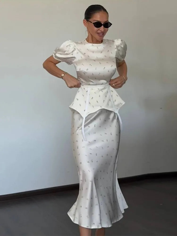Women's White Floral Print Puff Sleeve Dress With Waistband Fashion Satin Ruffled Hem Maxi Dress Lady 2026 Elegant Party Robes