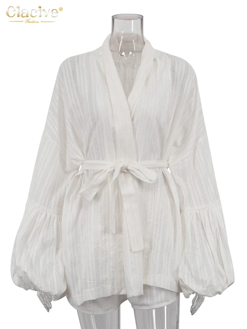 Clacive Fashion Loose White Cotton Sets For Women 2 Pieces 2025 Elegant Puff Sleeve Robes With High Waist Shorts Set Female