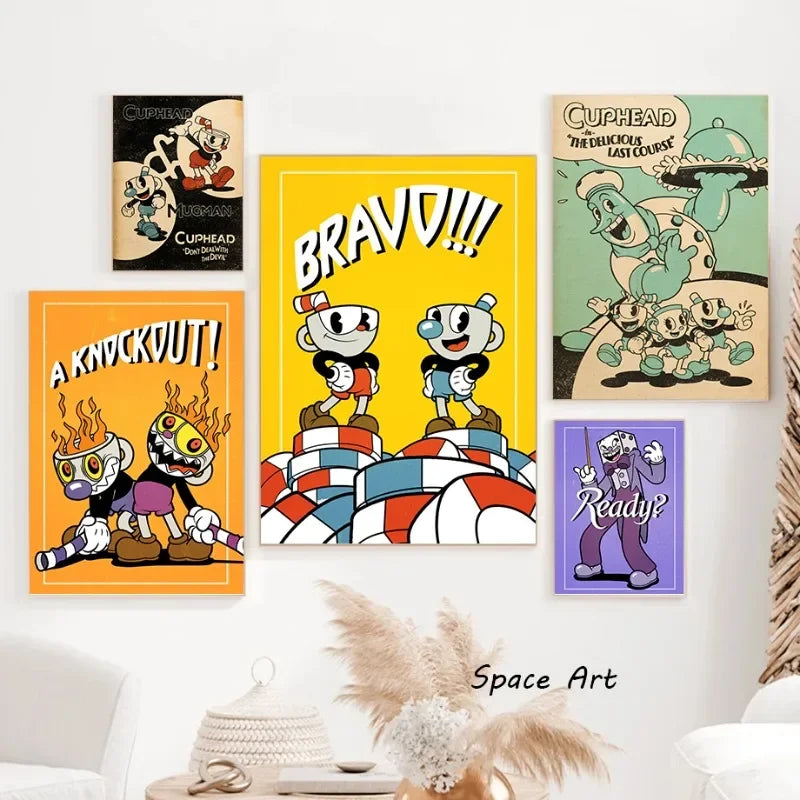 Classic Retro Wall Art Game Anime Cuphead Cartoon Characters HD Canvas Printed Poster Home Living Room Bedroom Decoration