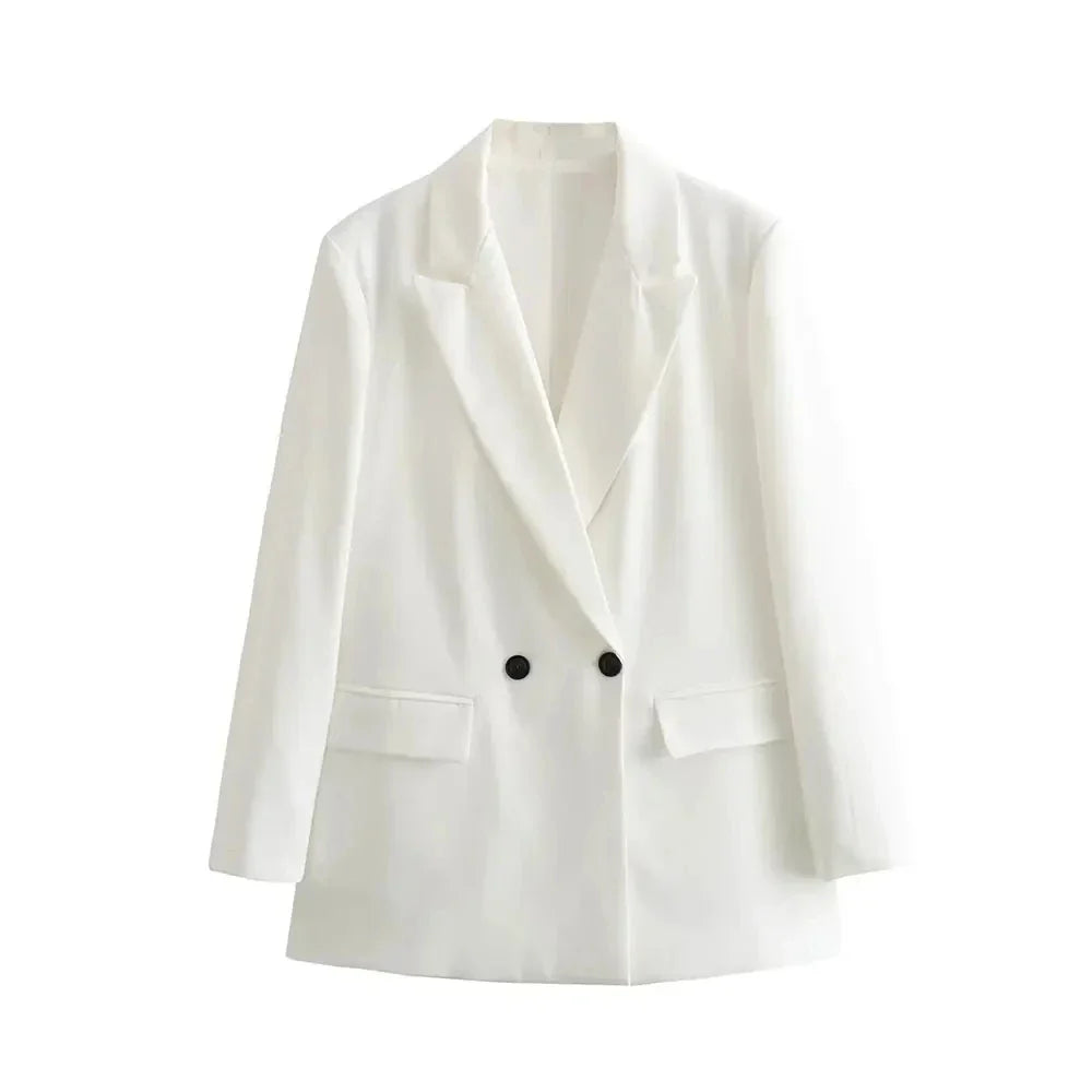Women Fashion Double Breasted Loose Fitting Blazer Coat Vintage Long Sleeve Pockets Female Outerwear Chic Veste Femme