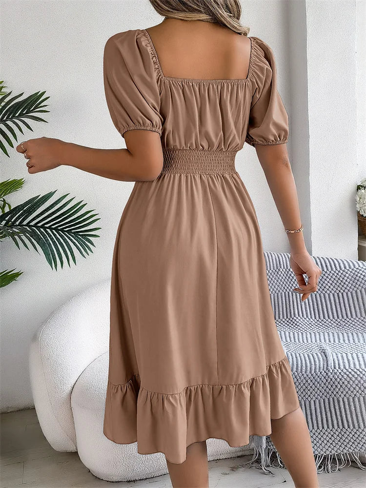 Msfilia Leisure Square Collar Spring Summer Dress Women Short Sleeve Loose Waist Design Lotus Leaf A-shaped Print Dress