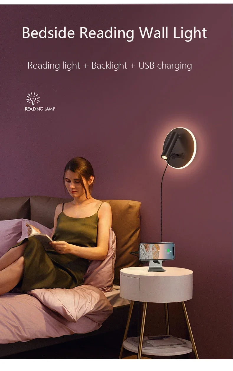 Modern Minimalist Led Wall Lamp USB Charging Indoor Bedroom Lamp Hotel Bedside Reading Lamp Wall Lights Sconce Switch AC 90~240V