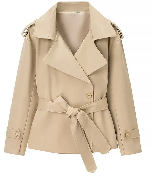 Solid Lapel Lace Up Trench Coat Women Fashion Full Sleeve Waist Cinching Short Windbreak New Autumn Office Commute Outwear 2026