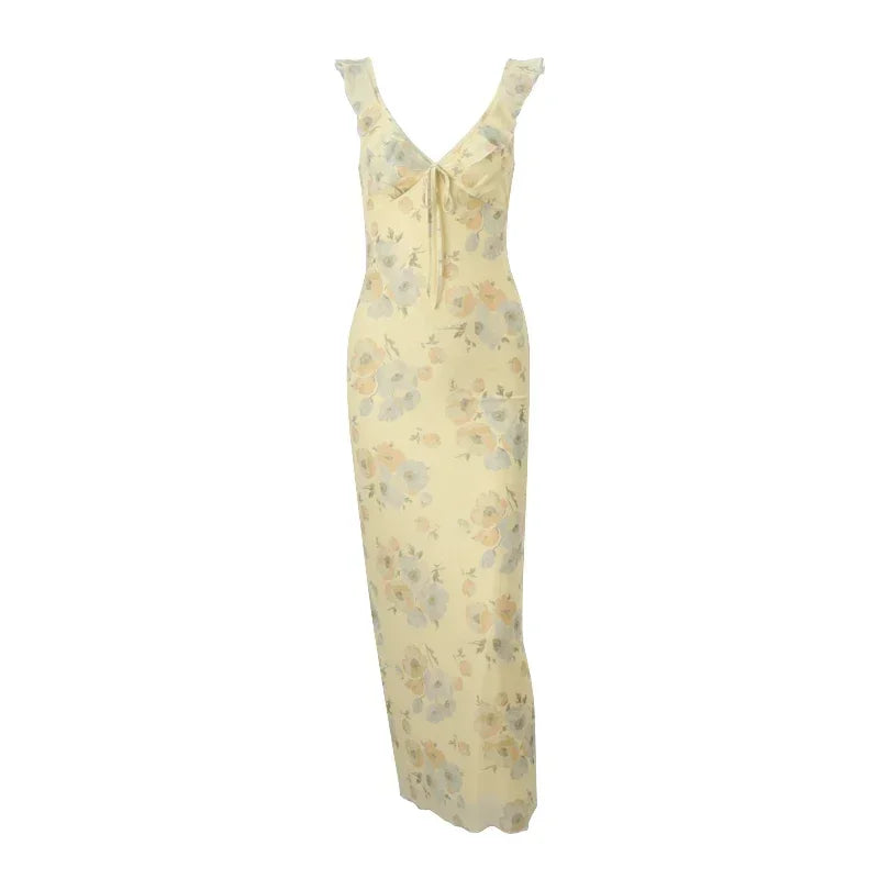 Retro V Neck Dresses Yellow Sleeveless Flower Print  Maxi Long Dress Elegant High Waist Female Holiday Party Vestidos