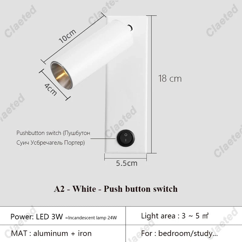 New Led Wall Lamp Sconce with Switch Black Brass Creative USB Port Reading Wall Lamp with 3W Spotlight for Bedroom Bedside