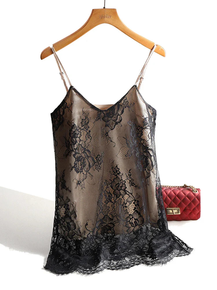 Sexy Lace Spaghetti Strap Top Women Halter V Neck Basic Cami Sleeveless Satin Silk Tank Tops Summer Camisole Plus Size