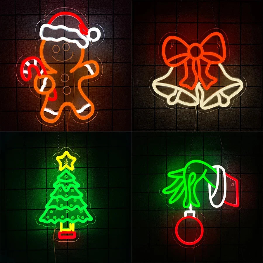 Christmas Series Neon Signs, Bells And Gingerbread Man Icons, Powered By Usb, Used For Room, Bar And Theme Party Art Decor.