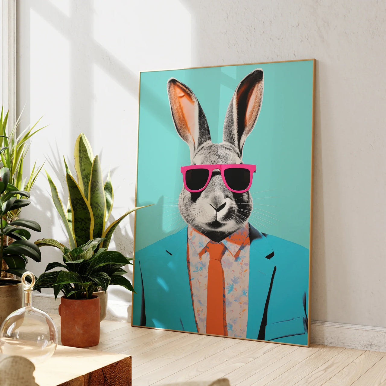 Modern Abstraction Rabbit With Sunglasses Portrait Wall Art Aluminum Frame Prints Canvas Painting Poster Living Room Home Decor