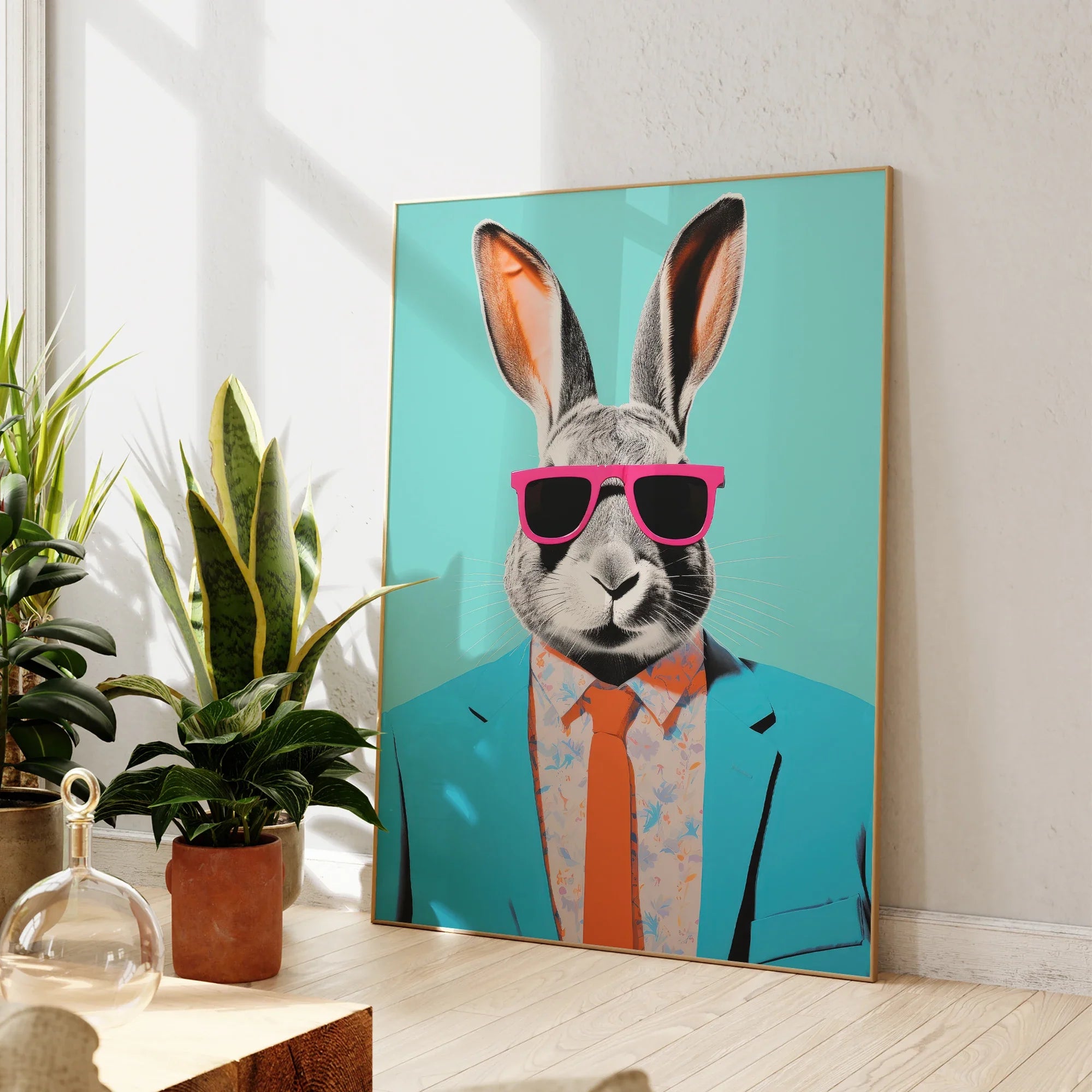 Modern Abstraction Rabbit With Sunglasses Portrait Wall Art Aluminum Frame Prints Canvas Painting Poster Living Room Home Decor