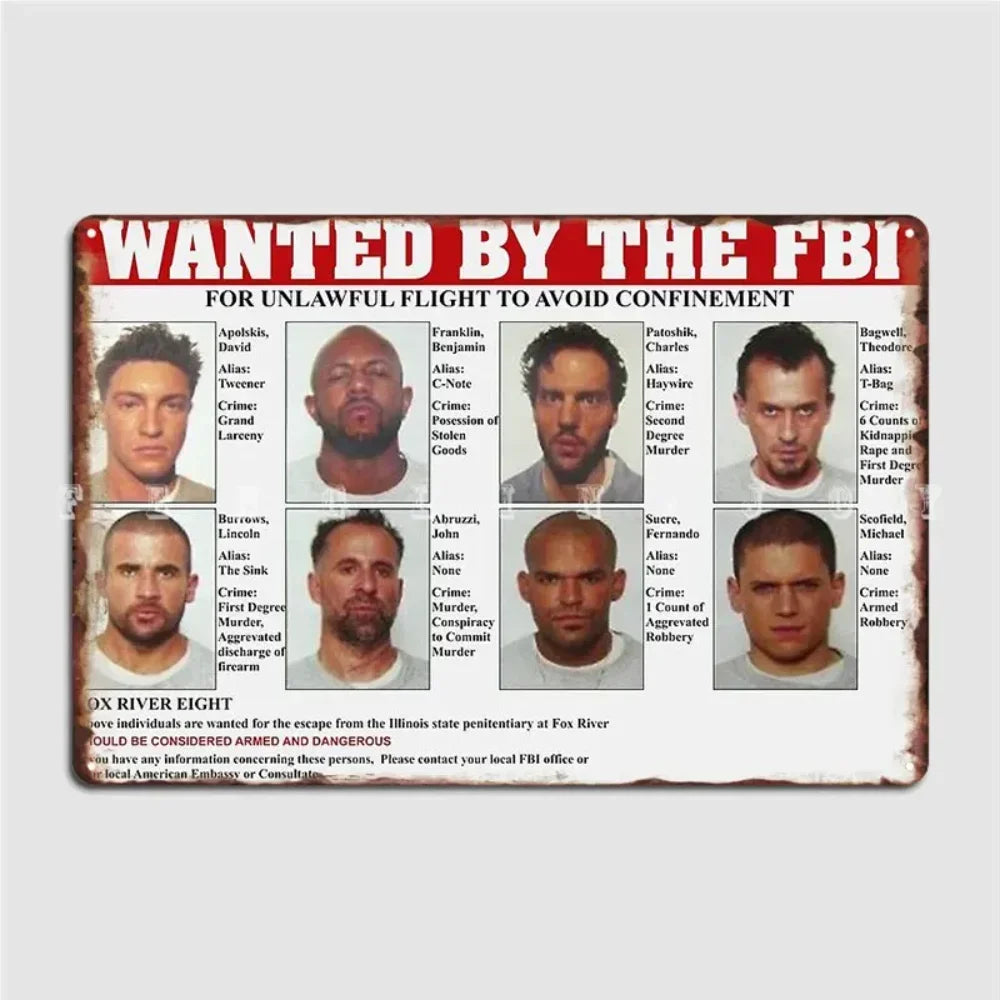 BarMovieArt Prison Break FBI Metal Plaque - Wanted Poster Tin Sign with Iconic Inmate Mugshots & FBI Logos, Stunning Decor