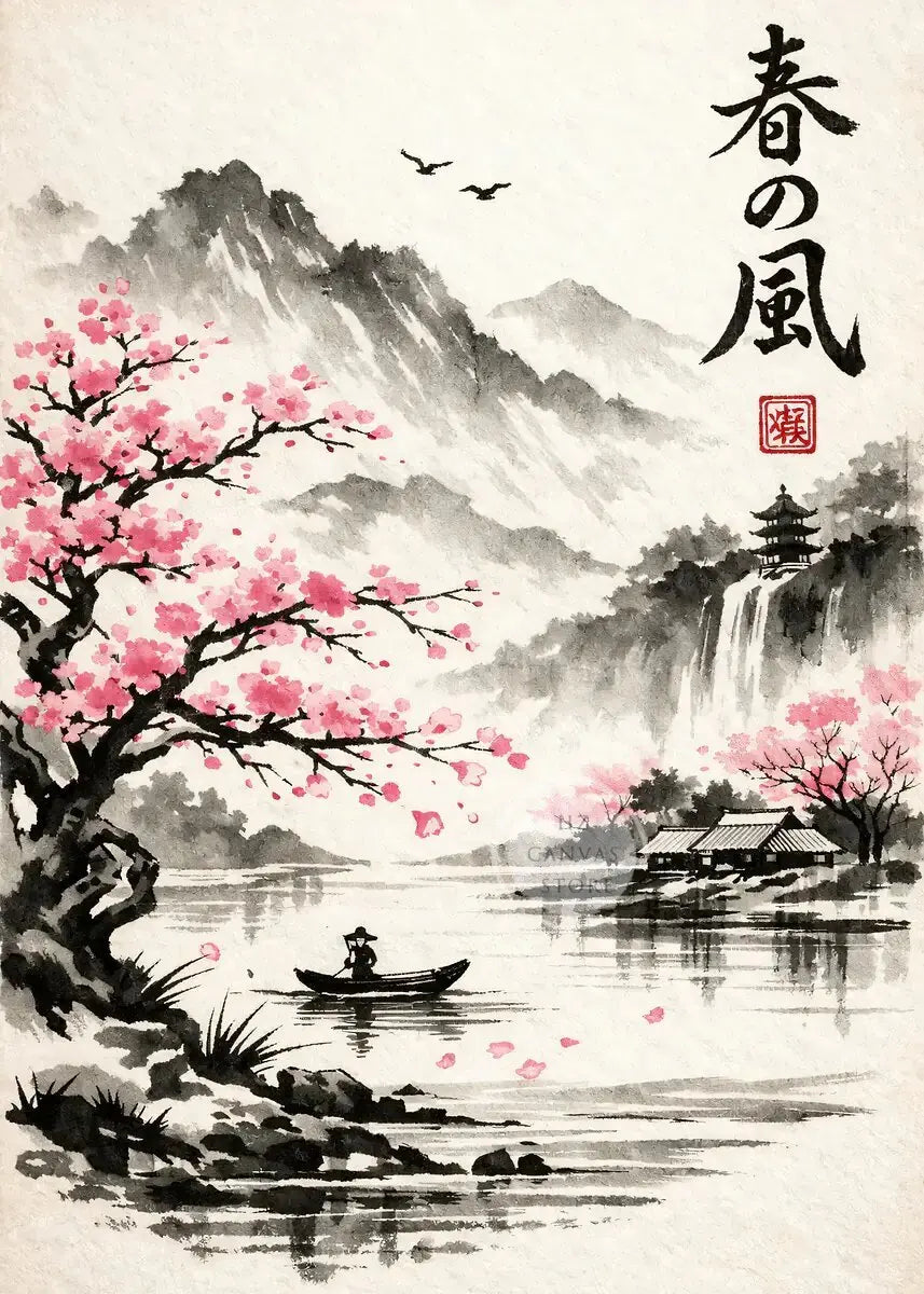 Japanese Ink Painting Landscape Spring Cherry Blossoms Canvas Print Asian Style Wall Art Poster for Living Room Home Decor Gift