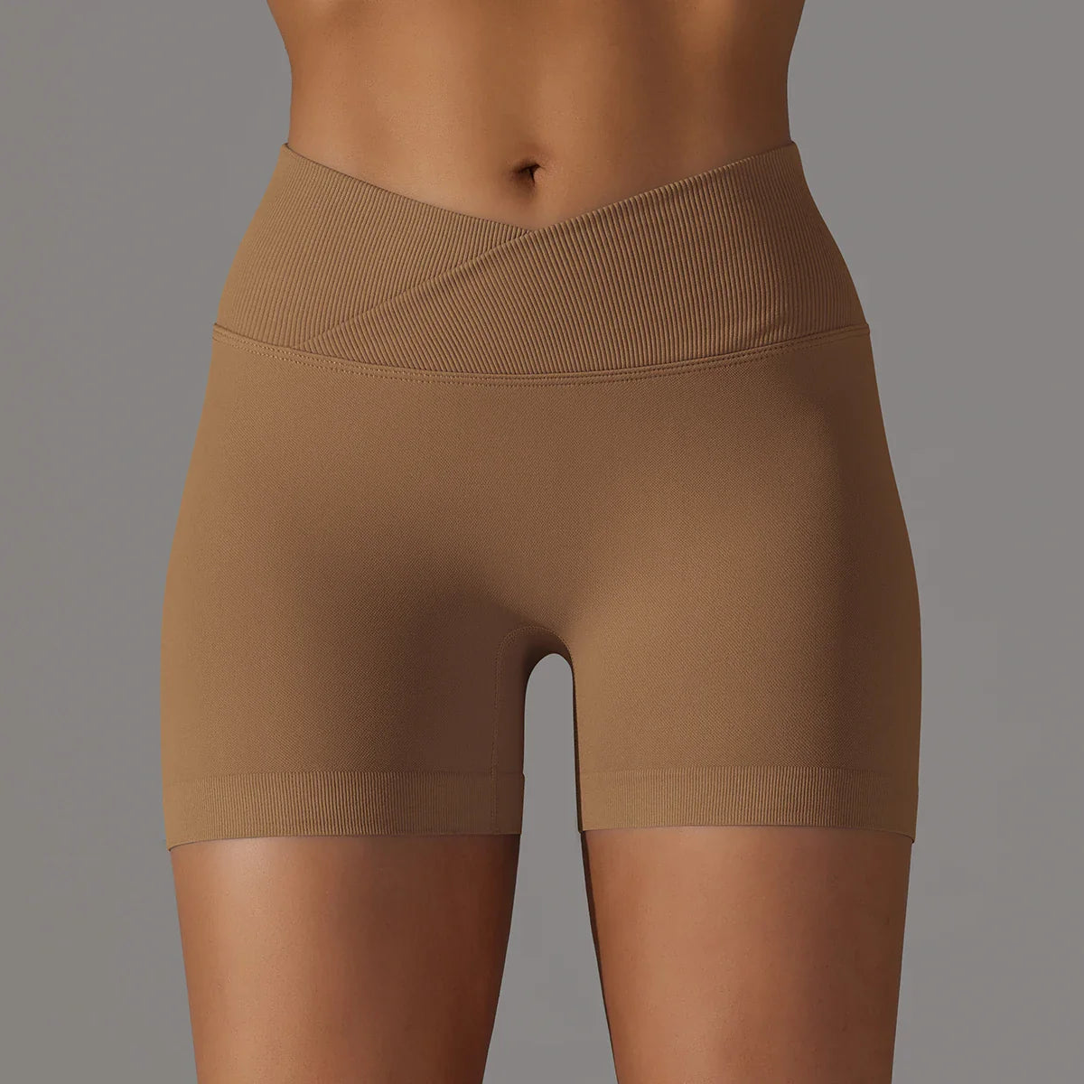 Women's sporty shorts with cross-waistband, yoga shorts, for gym workout, running, hip-enhancing,high-waisted yoga shorts.
