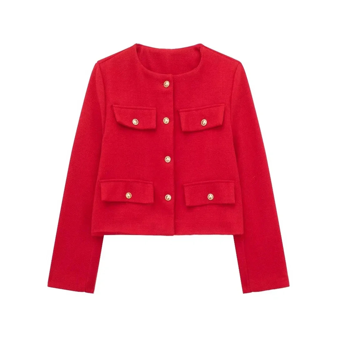 HH Women Vintage Solid Coat Button Long Sleeve O Neck Jacket With Pocket 2024 Spring Elegant Female Casual Outerwear Jakcet