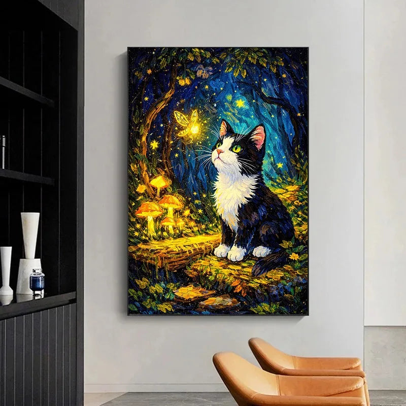 Cute Kittens Various Scenes Poster Funny Baby Cat in Daisy Field Watching Sunset on Beach Sleeping Canvas Print for Home Decor