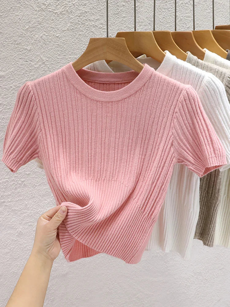 2026 Summer T shirts for Women Casual Female Korean Knit Streetwear Tees Basic Solid Young Cool Tops