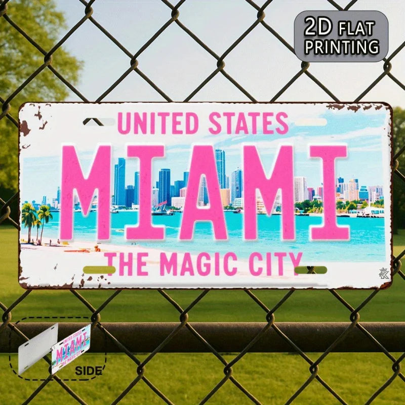 2DFlat Miami retro Metal Aluminum Sign License Plate，Travel Souvenirs，Friend Gift，Birthday Gift