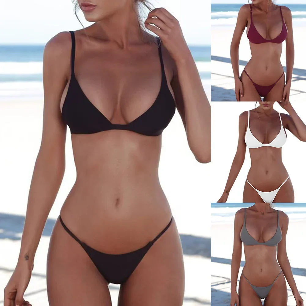 Womens Bikini Set Summer Swimsuit New Solid Color Two-piece Swimsuit Suit Fashion Casual Versatile Bikini Beachwear Bathing Suit