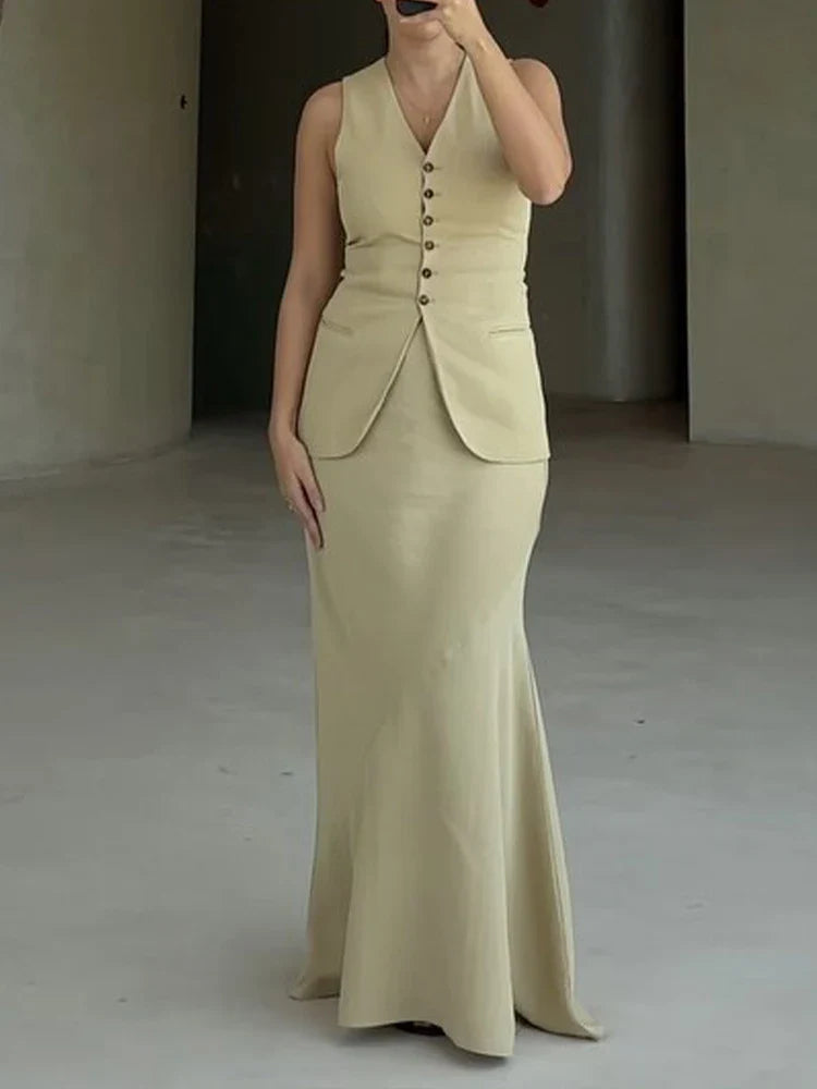 HH Women 2024 Fashion Summer Vest Skirt Sets Khaki V-Neck Sleeveless Pockets Waistcoats+High Waist Asymmetrical Skirt Suits