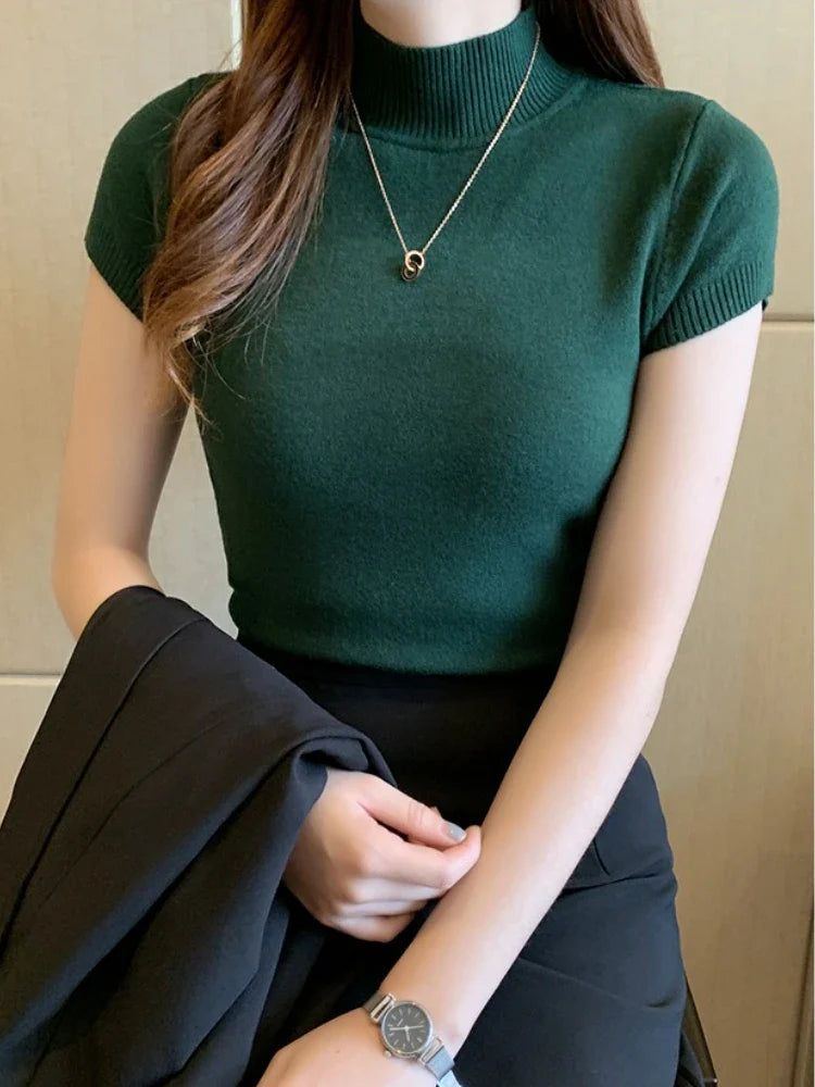 Turtleneck T-Shirt Women's Fashion Jumper Casual Tops Korean Style Elegant Solid-Coloured Clothing Spring And Summer Season